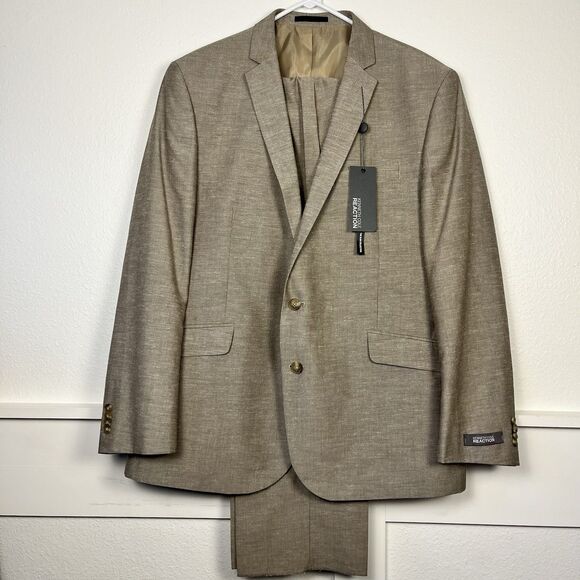 Kenneth Cole 2 Piece Suit Men 48R W42 Tan Slim Linen Blend Flat Straight Pant - Picture 1 of 14